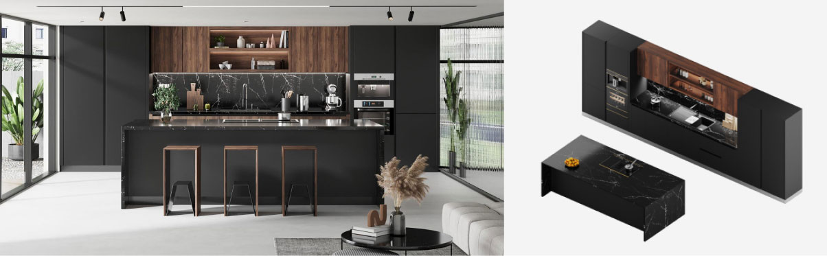Black with Wooden Kitchen with Island